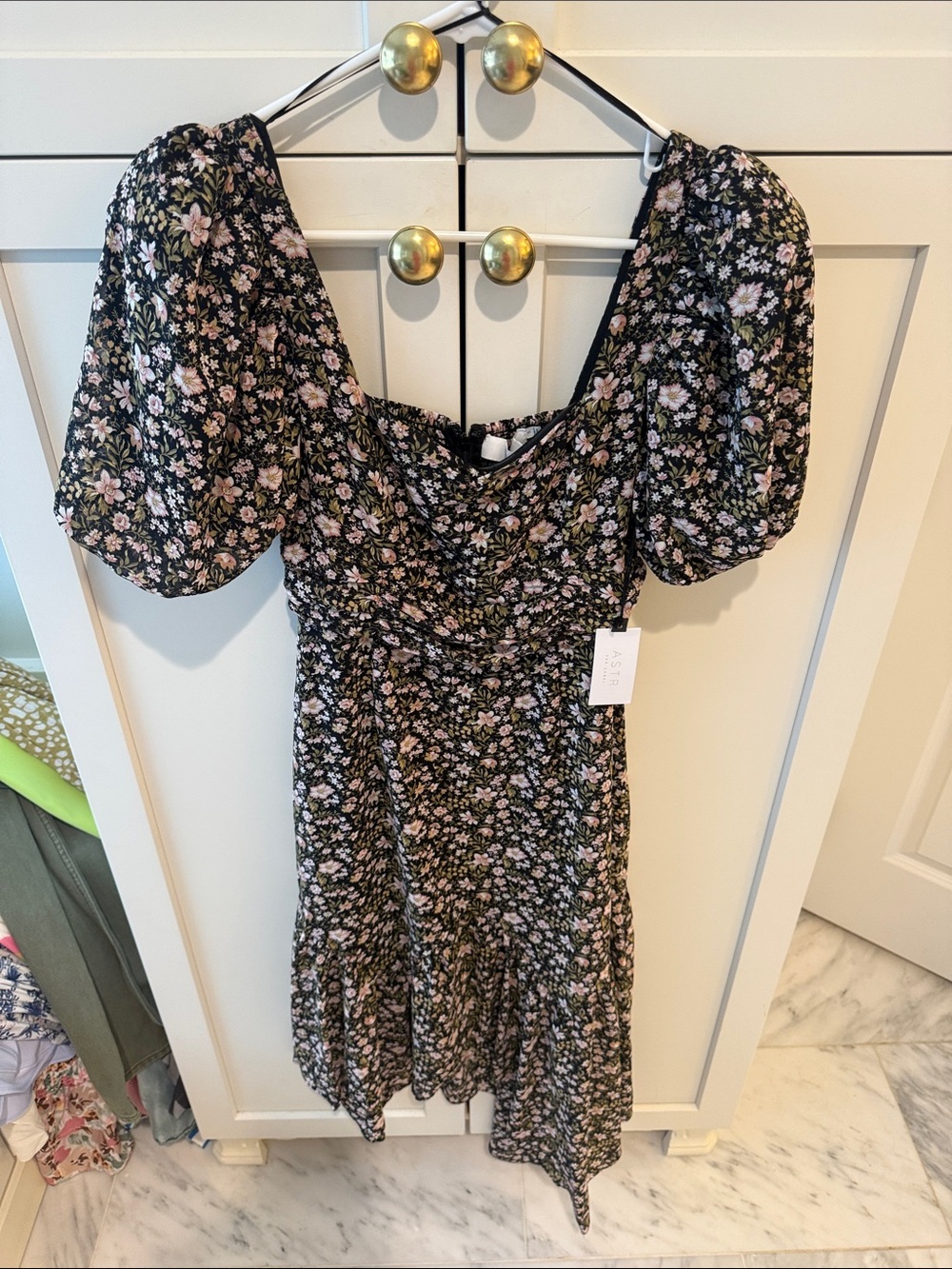 Astr Black Floral Puff Sleeve Dress with Pink & Green Flowers